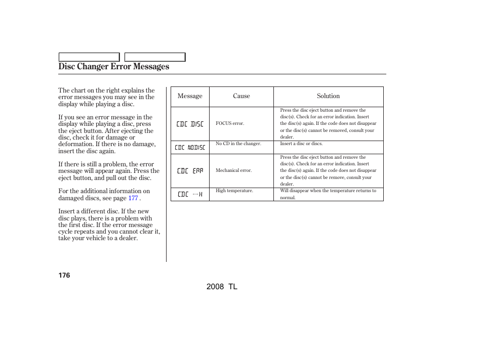 Disc changer error messages, 2008 tl | Acura 2008 TL - Owner's Manual User Manual | Page 179 / 376