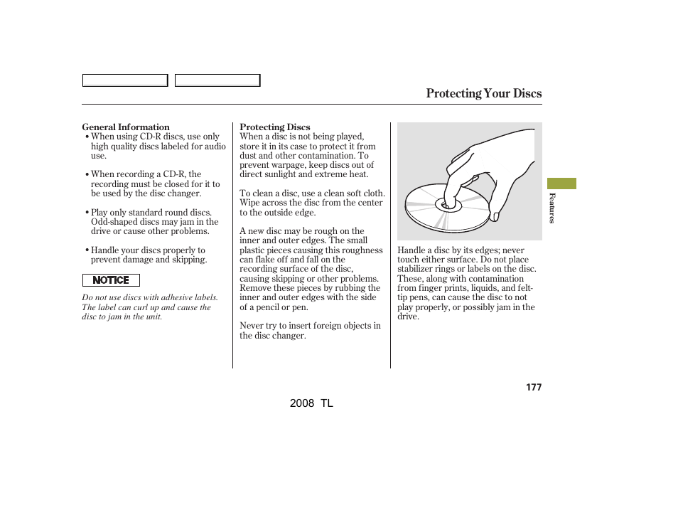 Protecting your discs | Acura 2008 TL - Owner's Manual User Manual | Page 180 / 376