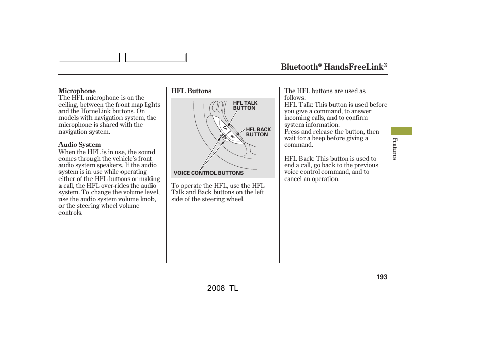Bluetooth handsfreelink | Acura 2008 TL - Owner's Manual User Manual | Page 196 / 376