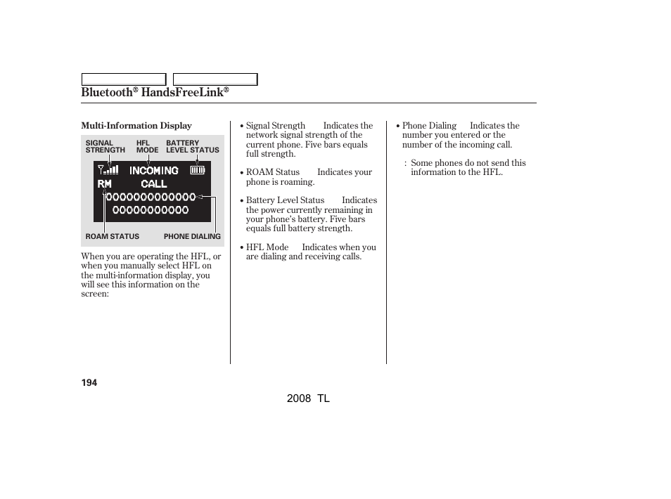 Bluetooth handsfreelink | Acura 2008 TL - Owner's Manual User Manual | Page 197 / 376