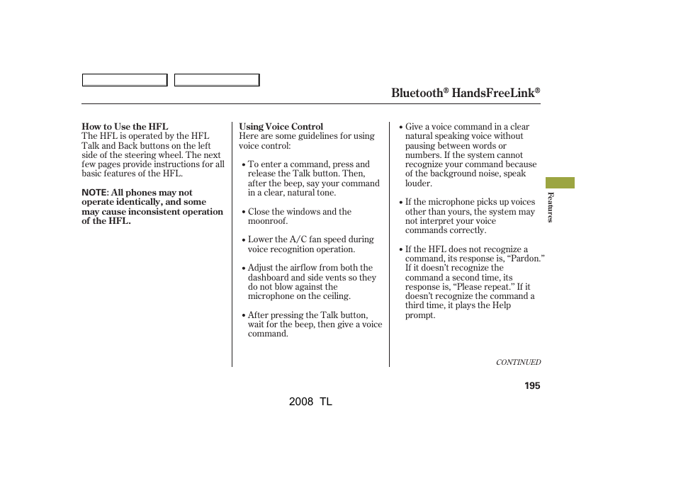 Bluetooth handsfreelink | Acura 2008 TL - Owner's Manual User Manual | Page 198 / 376