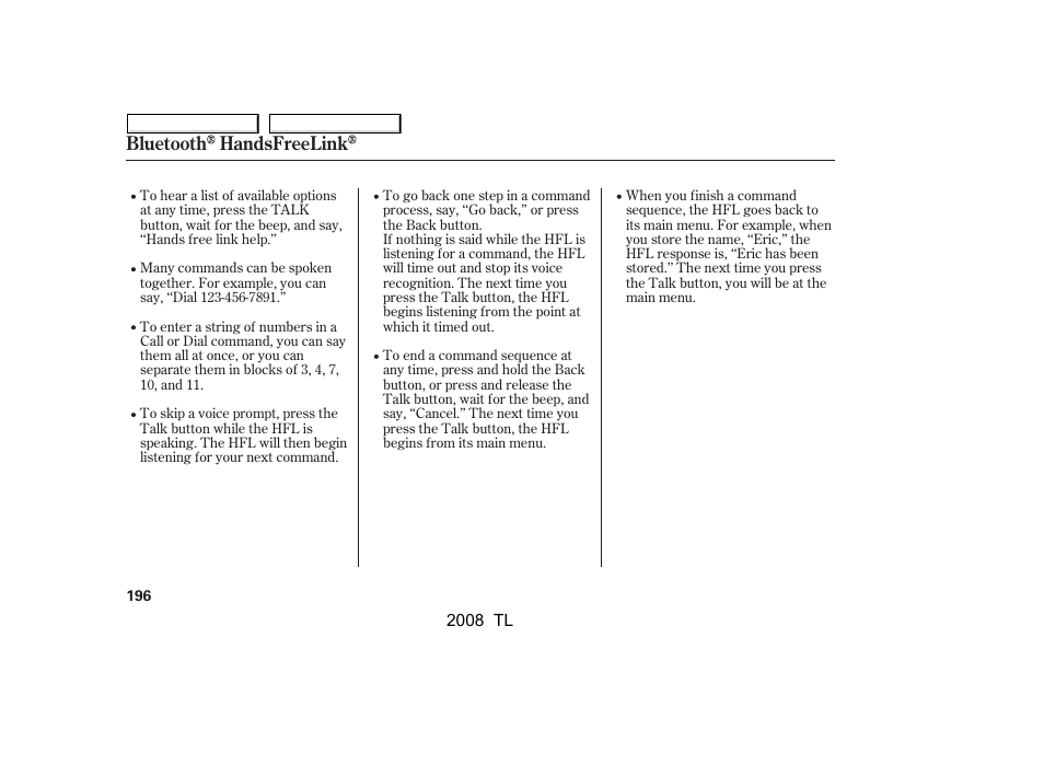 Bluetooth handsfreelink | Acura 2008 TL - Owner's Manual User Manual | Page 199 / 376