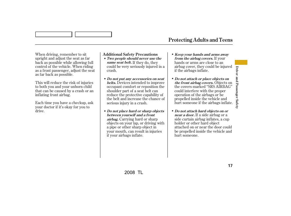 Protecting adults and teens | Acura 2008 TL - Owner's Manual User Manual | Page 20 / 376