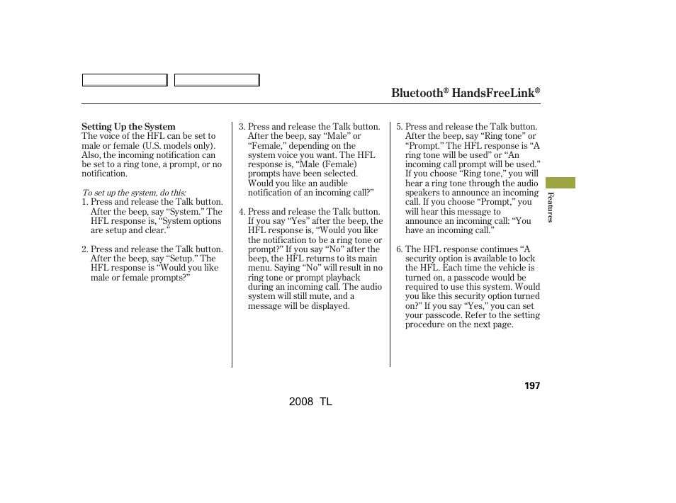 Bluetooth handsfreelink | Acura 2008 TL - Owner's Manual User Manual | Page 200 / 376