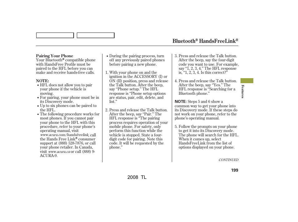 Bluetooth handsfreelink | Acura 2008 TL - Owner's Manual User Manual | Page 202 / 376