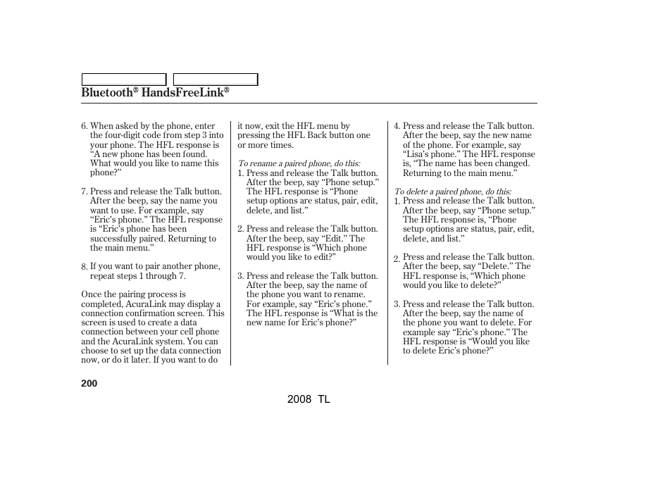 Bluetooth handsfreelink | Acura 2008 TL - Owner's Manual User Manual | Page 203 / 376