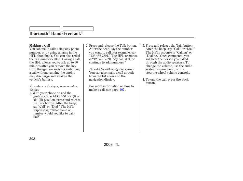 Bluetooth handsfreelink | Acura 2008 TL - Owner's Manual User Manual | Page 205 / 376