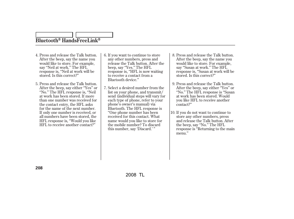 Bluetooth handsfreelink | Acura 2008 TL - Owner's Manual User Manual | Page 211 / 376