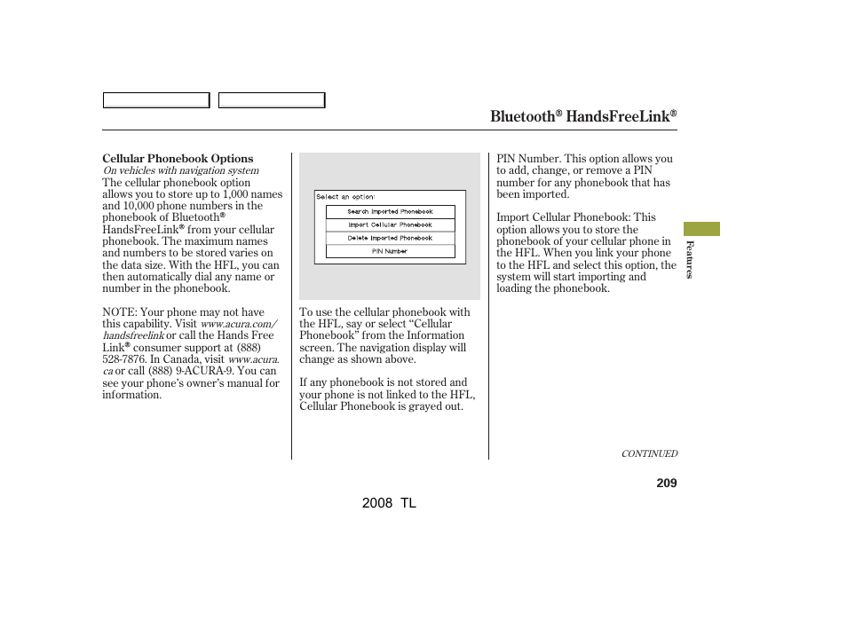 Bluetooth handsfreelink | Acura 2008 TL - Owner's Manual User Manual | Page 212 / 376