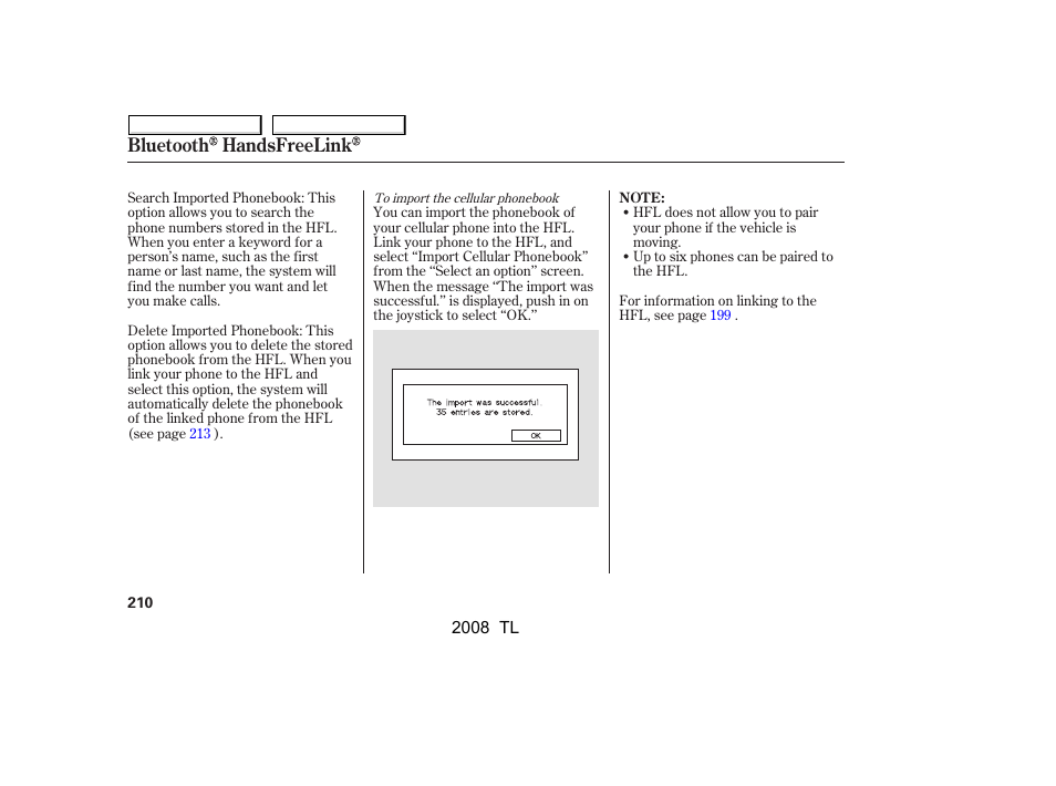 Bluetooth handsfreelink | Acura 2008 TL - Owner's Manual User Manual | Page 213 / 376