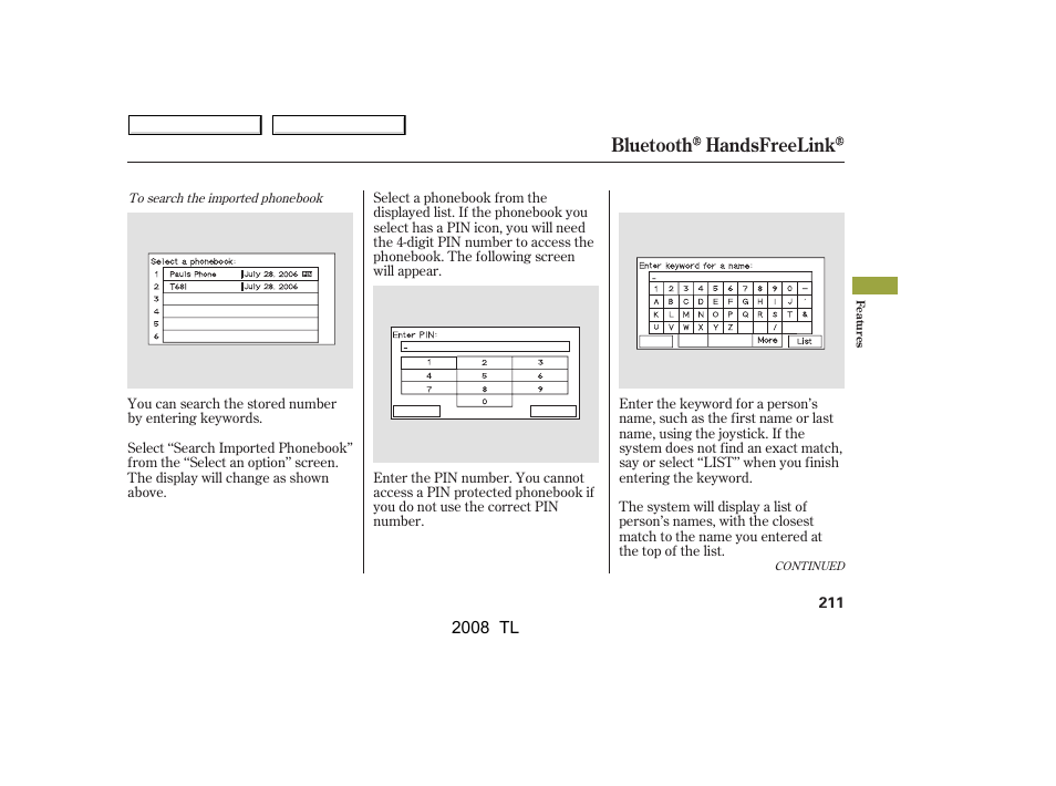 Bluetooth handsfreelink | Acura 2008 TL - Owner's Manual User Manual | Page 214 / 376