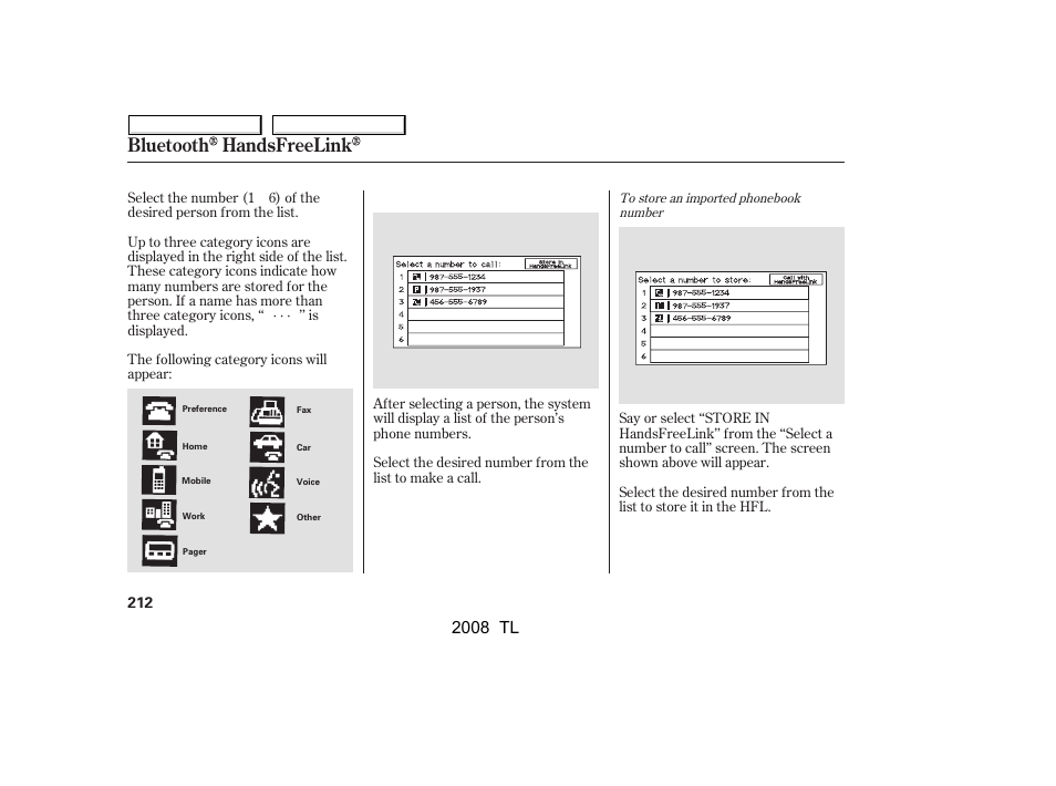 Bluetooth handsfreelink, 2008 tl | Acura 2008 TL - Owner's Manual User Manual | Page 215 / 376