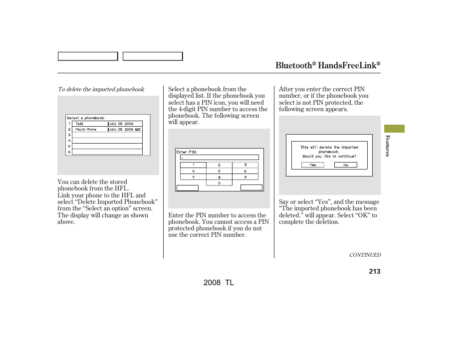 Bluetooth handsfreelink | Acura 2008 TL - Owner's Manual User Manual | Page 216 / 376