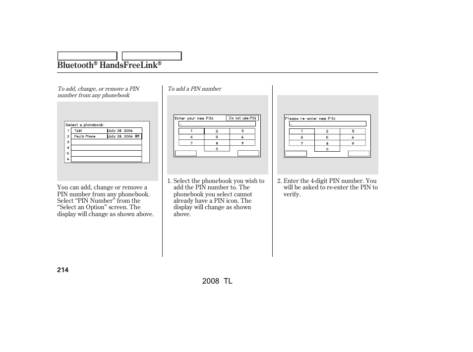 Bluetooth handsfreelink | Acura 2008 TL - Owner's Manual User Manual | Page 217 / 376