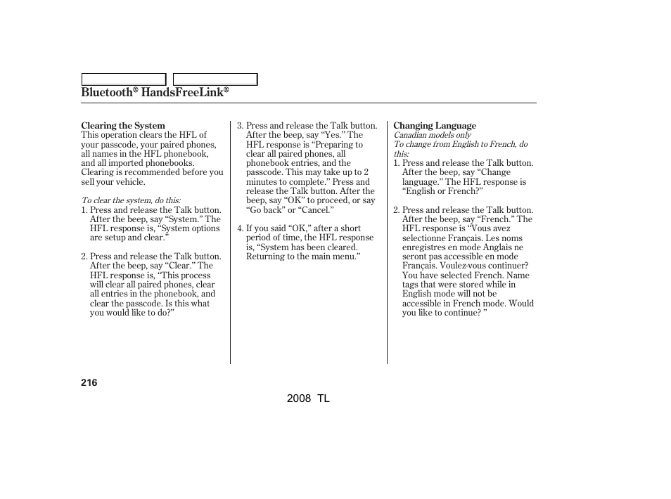 Bluetooth handsfreelink | Acura 2008 TL - Owner's Manual User Manual | Page 219 / 376