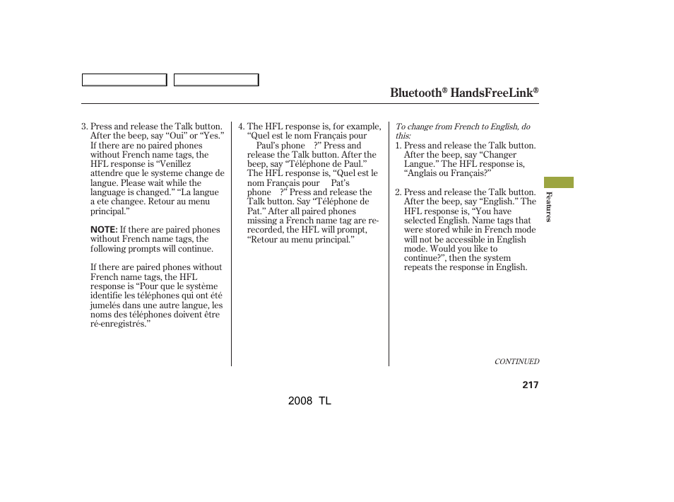 Bluetooth handsfreelink | Acura 2008 TL - Owner's Manual User Manual | Page 220 / 376