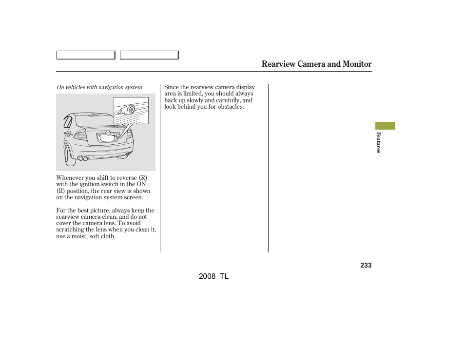 Rearview camera and monitor | Acura 2008 TL - Owner's Manual User Manual | Page 236 / 376