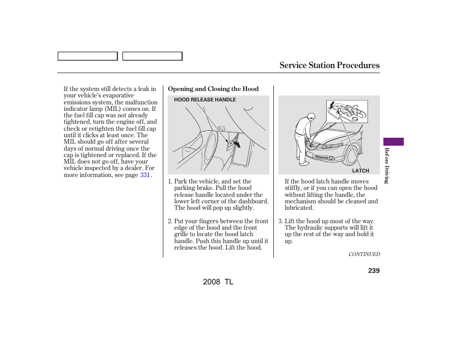 Service station procedures, 2008 tl | Acura 2008 TL - Owner's Manual User Manual | Page 242 / 376