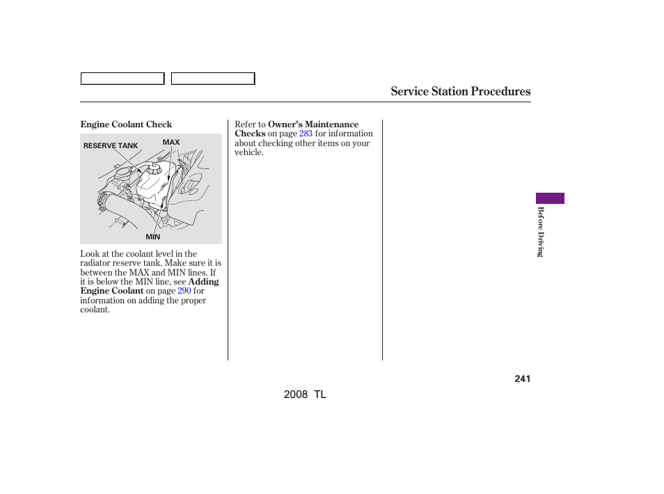 Service station procedures, 2008 tl | Acura 2008 TL - Owner's Manual User Manual | Page 244 / 376