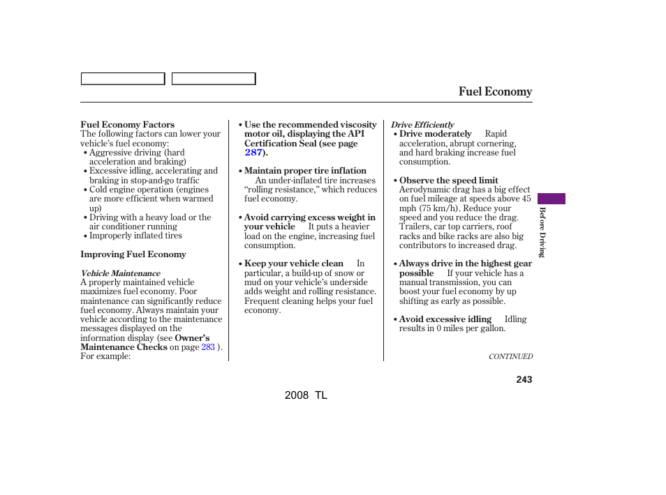 Fuel economy | Acura 2008 TL - Owner's Manual User Manual | Page 246 / 376