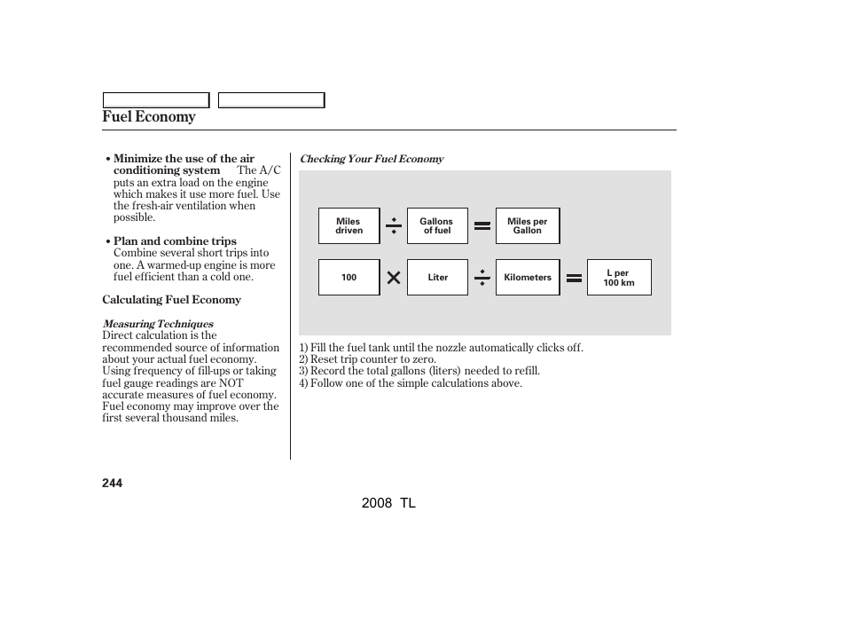 Fuel economy, 2008 tl | Acura 2008 TL - Owner's Manual User Manual | Page 247 / 376