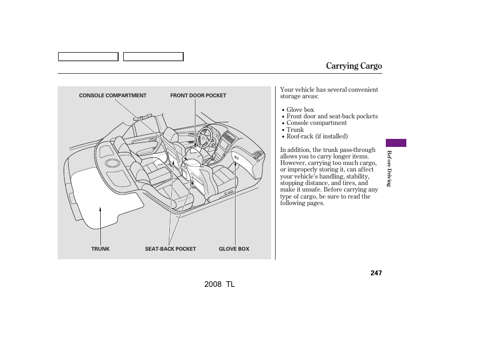 Carrying cargo, 2008 tl | Acura 2008 TL - Owner's Manual User Manual | Page 250 / 376