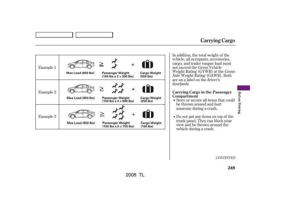 Carrying cargo, 2008 tl | Acura 2008 TL - Owner's Manual User Manual | Page 252 / 376