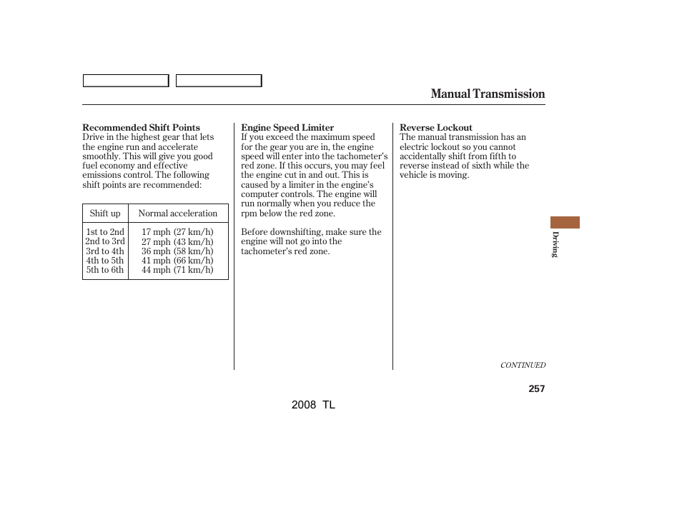 Manual transmission | Acura 2008 TL - Owner's Manual User Manual | Page 260 / 376