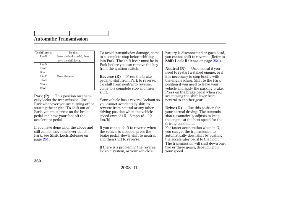 Automatic transmission, 2008 tl | Acura 2008 TL - Owner's Manual User Manual | Page 263 / 376