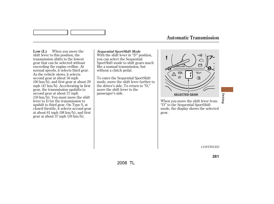 Automatic transmission | Acura 2008 TL - Owner's Manual User Manual | Page 264 / 376