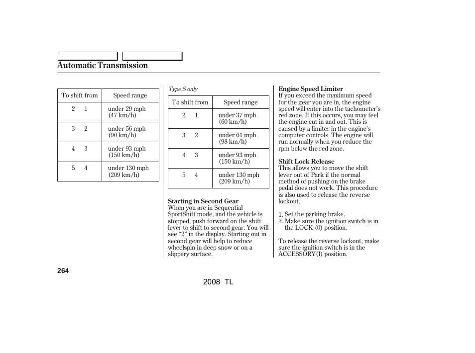 Automatic transmission | Acura 2008 TL - Owner's Manual User Manual | Page 267 / 376