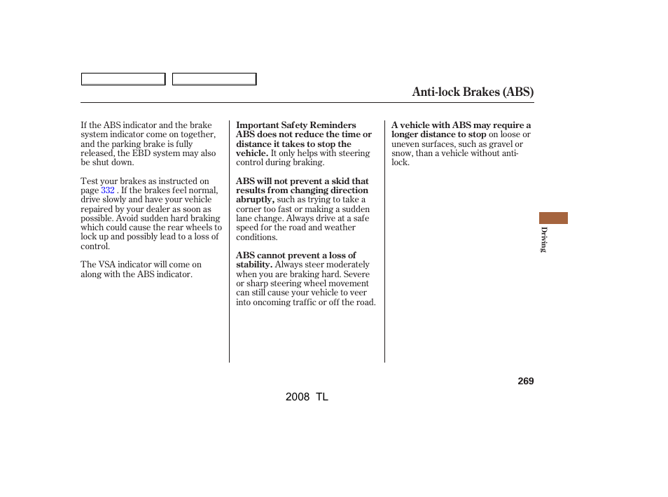 Anti-lock brakes (abs) | Acura 2008 TL - Owner's Manual User Manual | Page 272 / 376