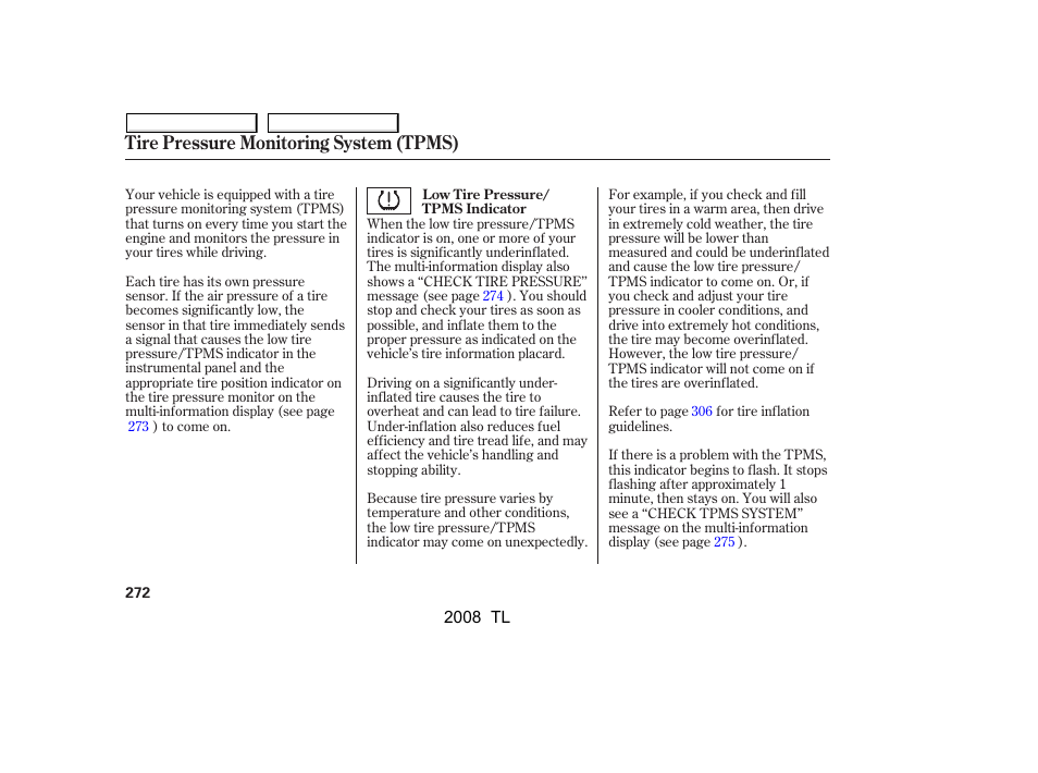 Tire pressure monitoring system (tpms) | Acura 2008 TL - Owner's Manual User Manual | Page 275 / 376