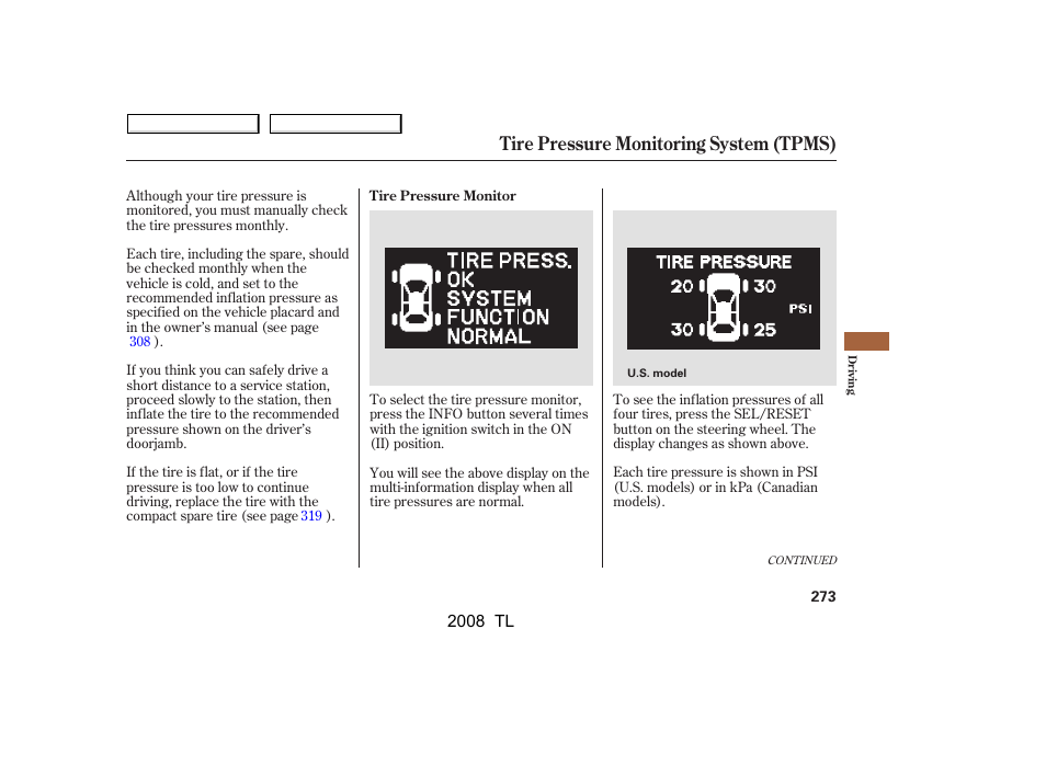 Tire pressure monitoring system (tpms) | Acura 2008 TL - Owner's Manual User Manual | Page 276 / 376