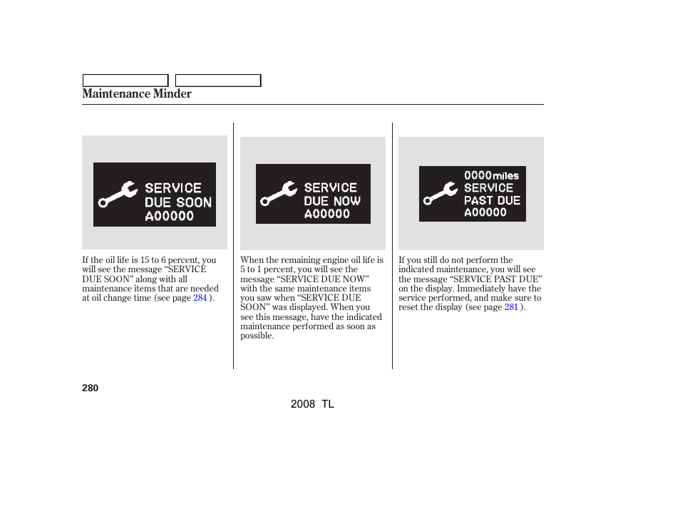 Maintenance minder | Acura 2008 TL - Owner's Manual User Manual | Page 283 / 376