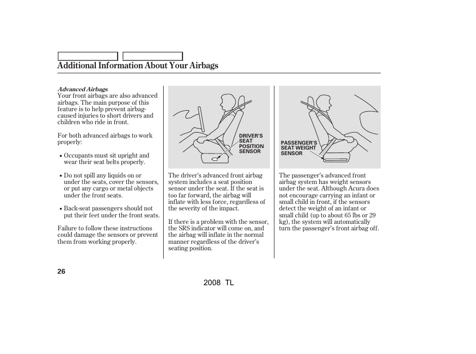 Additional information about your airbags | Acura 2008 TL - Owner's Manual User Manual | Page 29 / 376