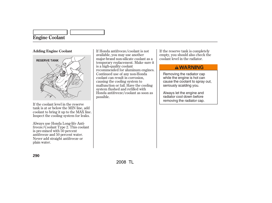 Engine coolant | Acura 2008 TL - Owner's Manual User Manual | Page 293 / 376