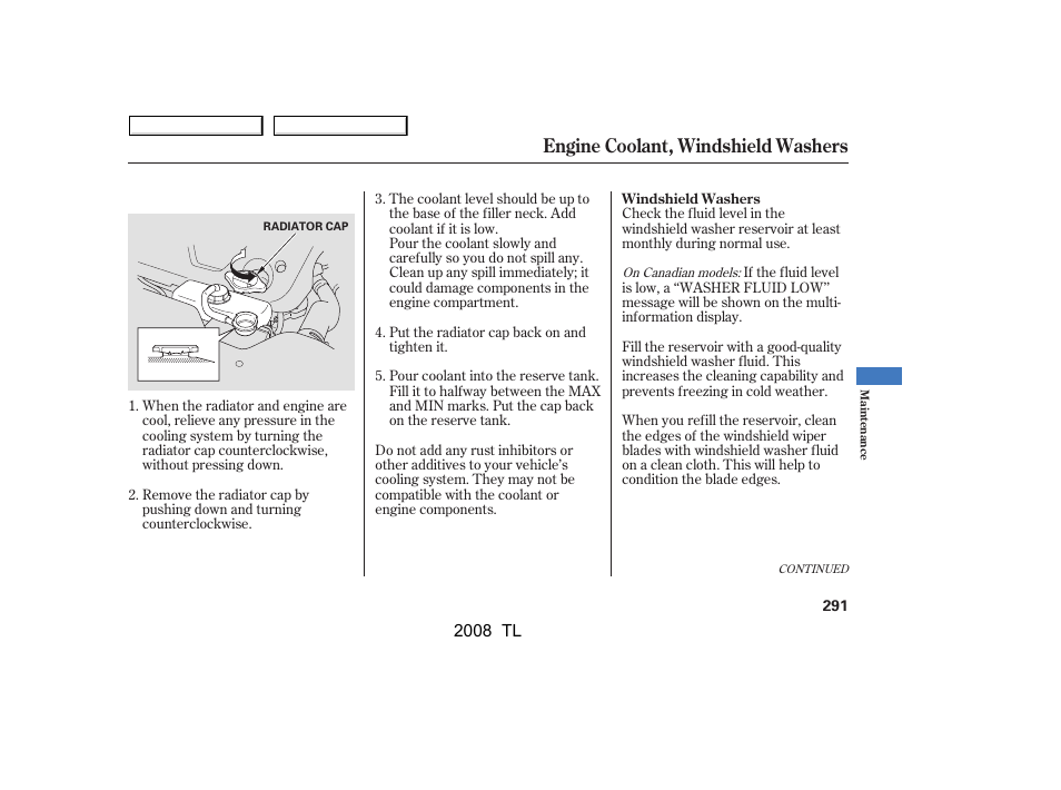 Engine coolant, windshield washers | Acura 2008 TL - Owner's Manual User Manual | Page 294 / 376