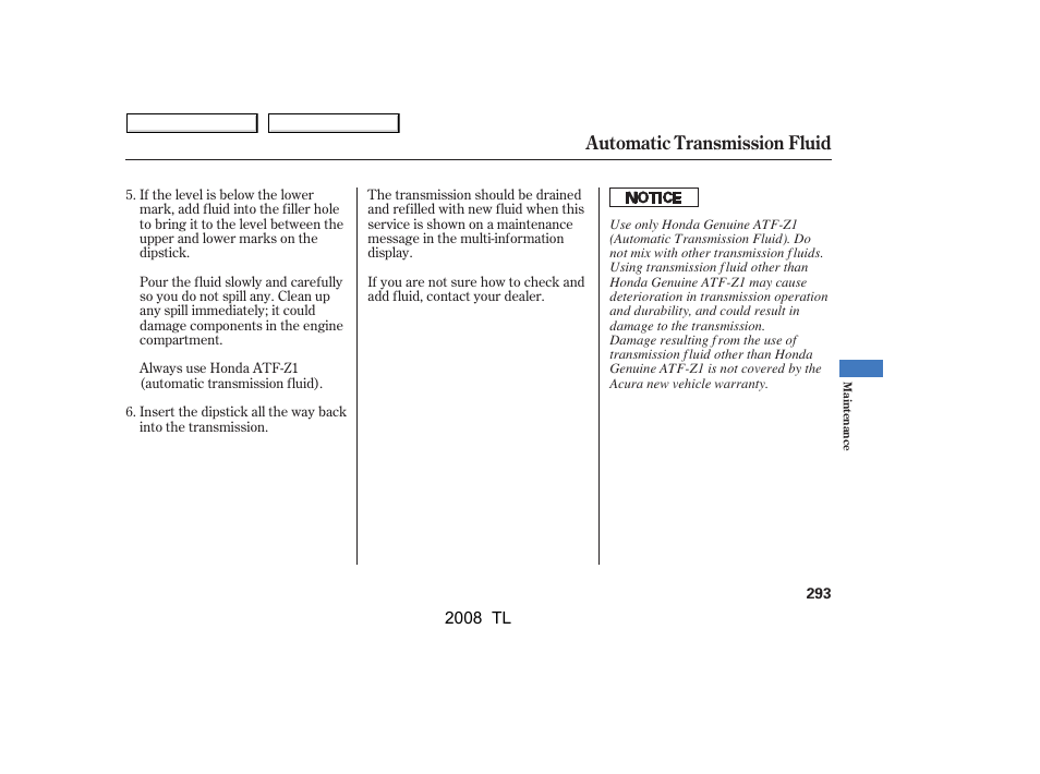 Automatic transmission fluid | Acura 2008 TL - Owner's Manual User Manual | Page 296 / 376