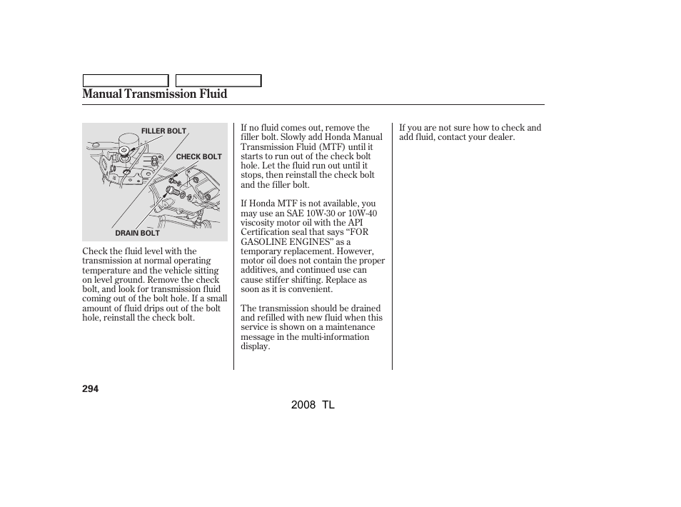 Manual transmission fluid | Acura 2008 TL - Owner's Manual User Manual | Page 297 / 376
