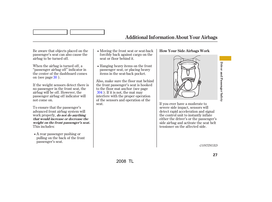 Additional information about your airbags | Acura 2008 TL - Owner's Manual User Manual | Page 30 / 376