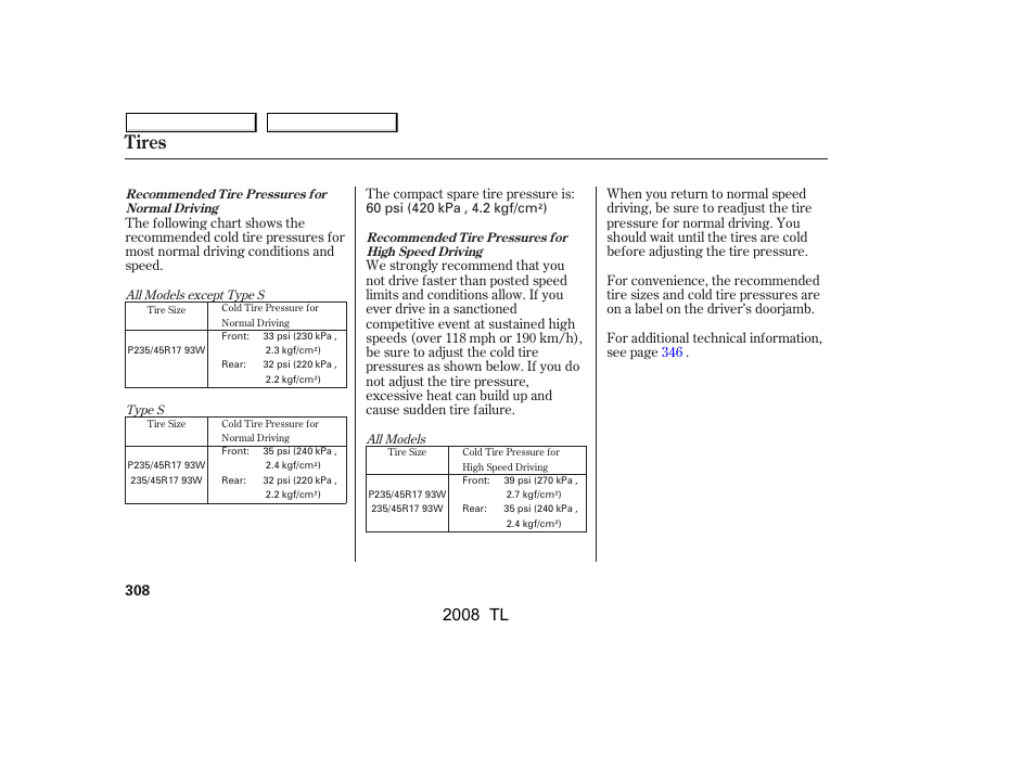 Tires, 2008 tl | Acura 2008 TL - Owner's Manual User Manual | Page 311 / 376