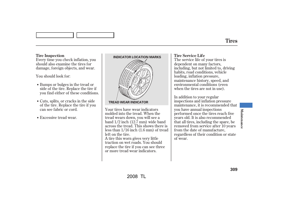 Tires | Acura 2008 TL - Owner's Manual User Manual | Page 312 / 376