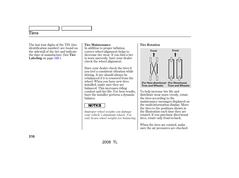 Tires | Acura 2008 TL - Owner's Manual User Manual | Page 313 / 376