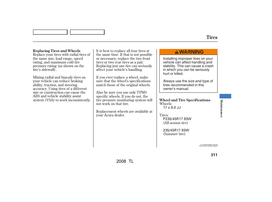 Tires | Acura 2008 TL - Owner's Manual User Manual | Page 314 / 376