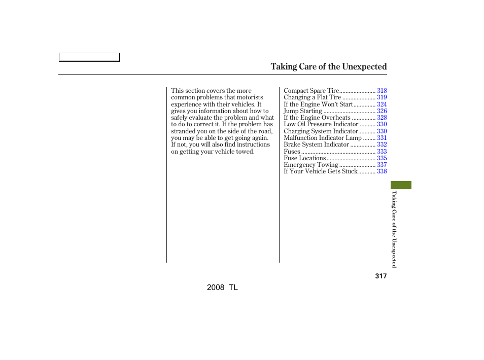 Taking care of the unexpected | Acura 2008 TL - Owner's Manual User Manual | Page 320 / 376