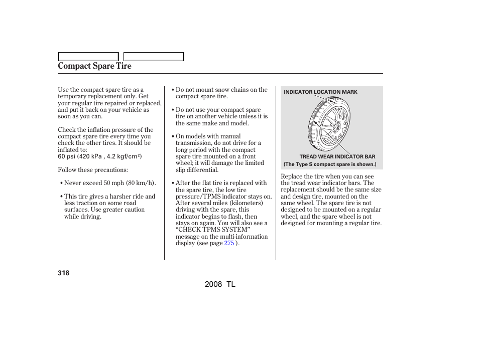Compact spare tire | Acura 2008 TL - Owner's Manual User Manual | Page 321 / 376