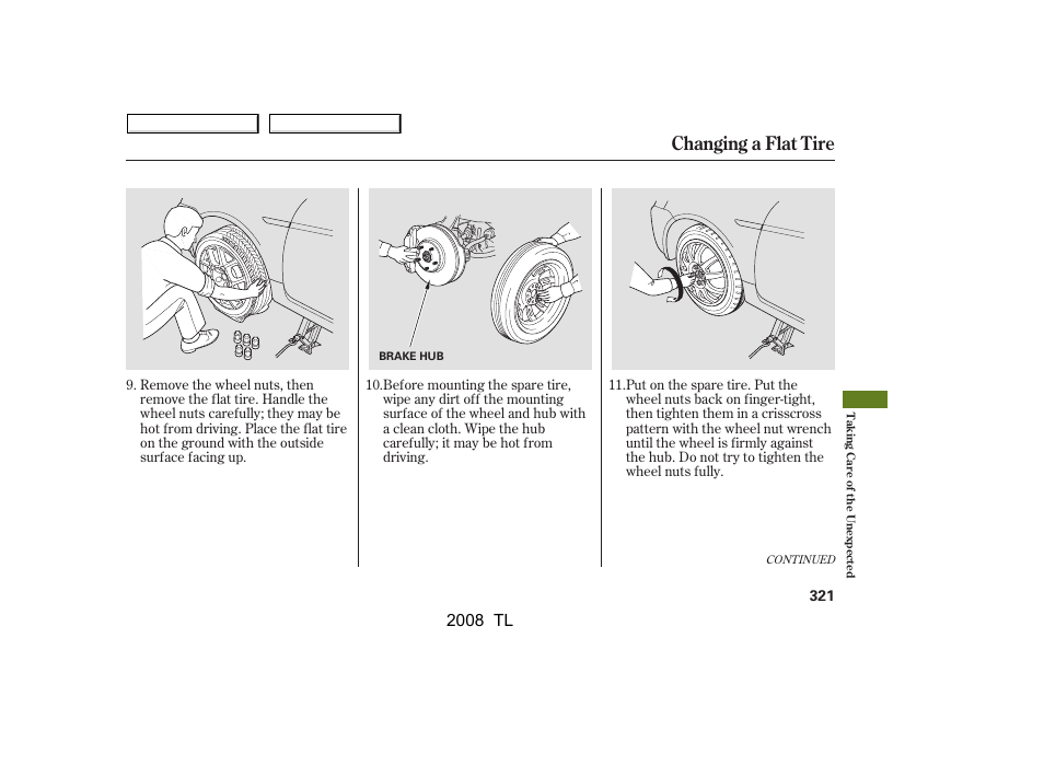 Changing a flat tire, 2008 tl | Acura 2008 TL - Owner's Manual User Manual | Page 324 / 376