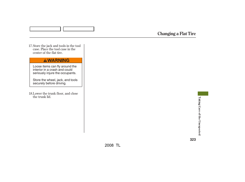 Changing a flat tire, 2008 tl | Acura 2008 TL - Owner's Manual User Manual | Page 326 / 376