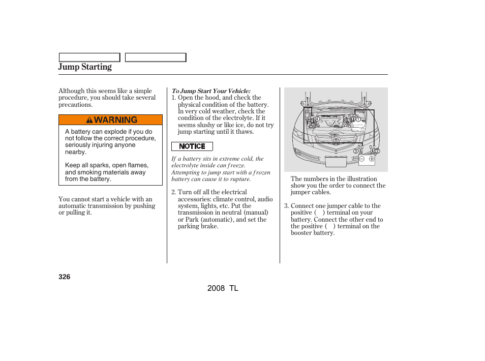 Jump starting | Acura 2008 TL - Owner's Manual User Manual | Page 329 / 376